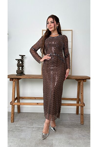 BRATO Chocolate Brown Tulle Allover Embroidered Geometric Line Pattern Sparkl...