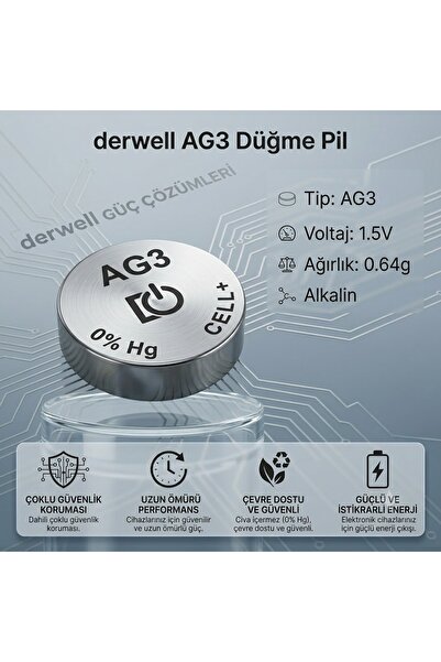 Derwell 1 Adet AG3 LR41 1.5V Alkalin Düğme Pil Cıva İçermez Sızdırmaz Uzun Öm...