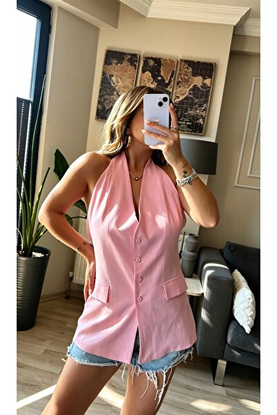 Genel Markalar Keten Sırt Dekolteli Pembe Yelek