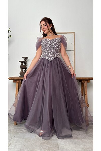 BRATO Mofu Corset Evening Dress with Embossed Crystal Flowers and Tulle Klosh...