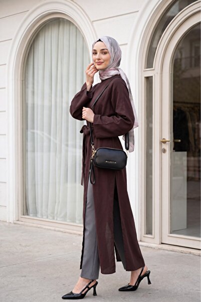Modamorfo Hakim Collar Deep Slit Belted Long Modal Tunic - Plum