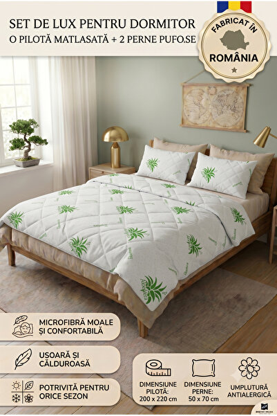 NufJoy Set pilota matlasata KingSize 200x220 cm si 2 perne imprimate 50x70 cm...