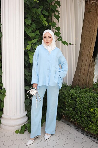 İmajButik Bebe Mavi Ceket Pantolonlu Müslin Takım