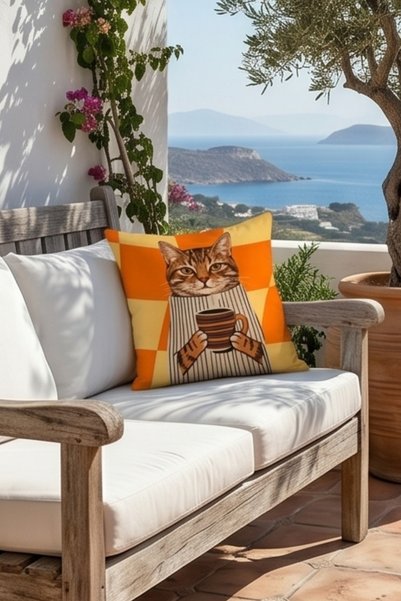 Atay Home Coffee Drinking Cat Patterned Decorative Throw Pillow Cover 43X43 cm Double Sided Orange Checkered Background