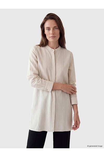 LC Waikiki Lcw Grace Beige Striped Linen Blend Women's Shirt Tunic