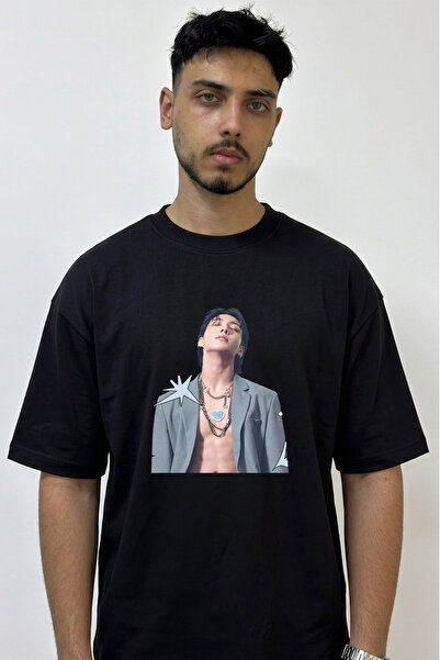 Anetos K Pop Men's Design Printed Oversize Black T-Shirt