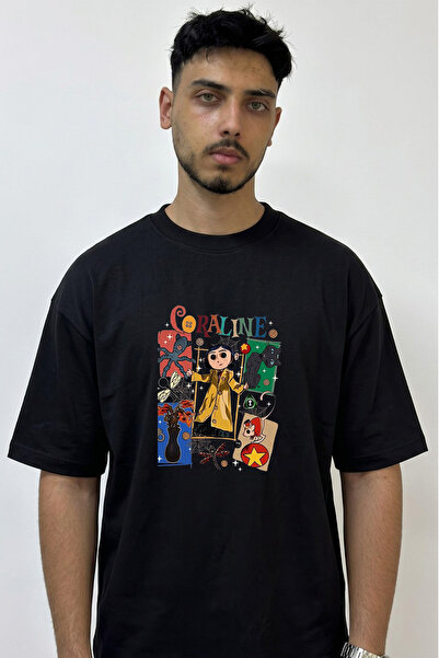 Anetos Coraline Movie Design Printed Oversize Black T-Shirt