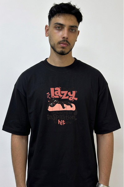 Anetos Lazy Cat Design Printed Oversize Black T-Shirt