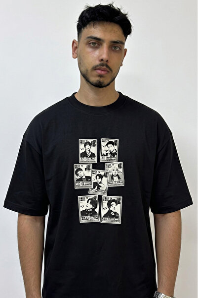 Anetos Bts Kpop_6 Design Printed Oversize Black T-Shirt