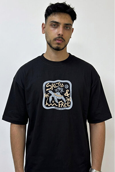Anetos Tropical Turtle Design Printed Oversize Black T-Shirt
