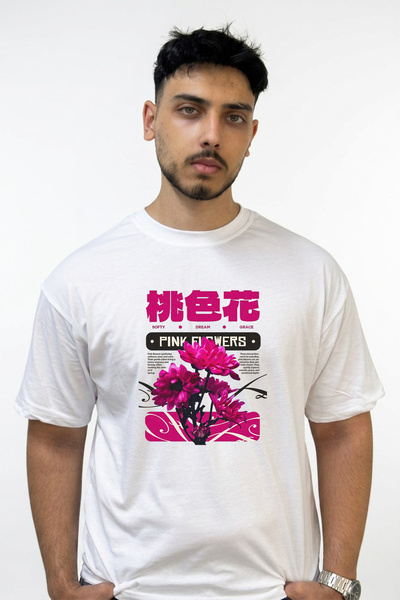 Anetos Pink Flowers Design Printed Oversize White T-Shirt