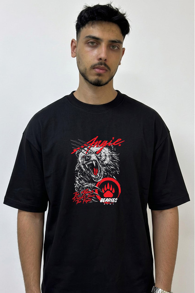 Anetos Roaring Bear Design Printed Oversize Black T-Shirt