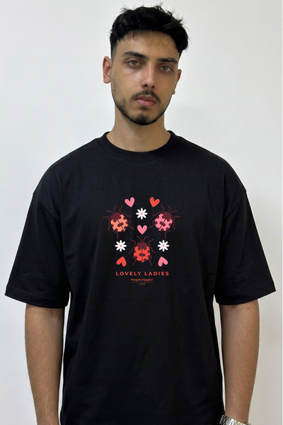 Anetos Ladybug Hearts Design Printed Oversize Black T-Shirt