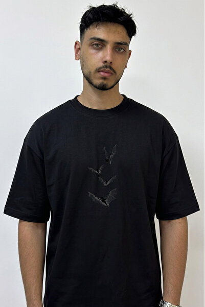 Anetos Flying Bats Design Printed Oversize Black T-Shirt
