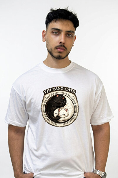Anetos Yin Yang Cats Design Printed Oversize White T-Shirt