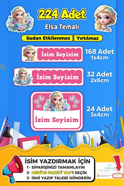 SB store Okul Kreş Kişiye Özel isim Etiket Seti Elsa Temalı - Model 710