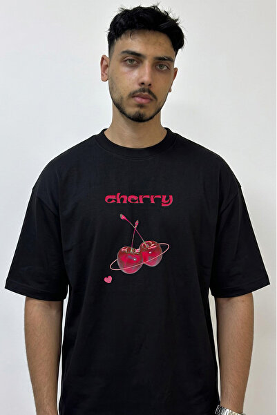 Anetos Cherry Design Printed Oversize Black T-Shirt