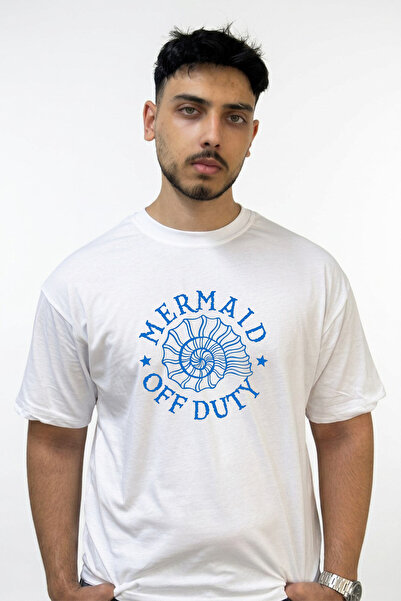 Anetos Mermaid Off Duty Design Printed Oversize White T-Shirt