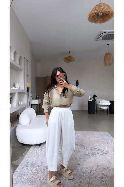 Buket Teke White Elastic Waist Baggy Washed Tencel Fabric Premium Trousers
