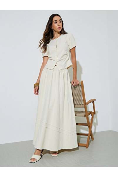 Styli Cream Solid Puff Sleeve Top and A-Line Maxi Skirt Set