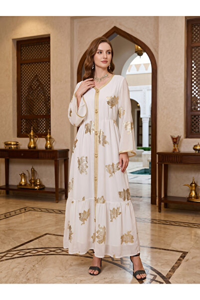 Greneric White Gold Leaf Print Belted Modest Abaya Kaftan
