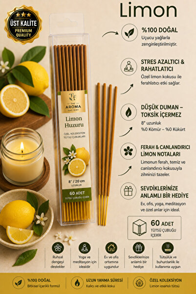 The Aroma Factory Üst Kalite Limon Tütsü Çubuğu 60 Adet 20 cm Premium Aromate...