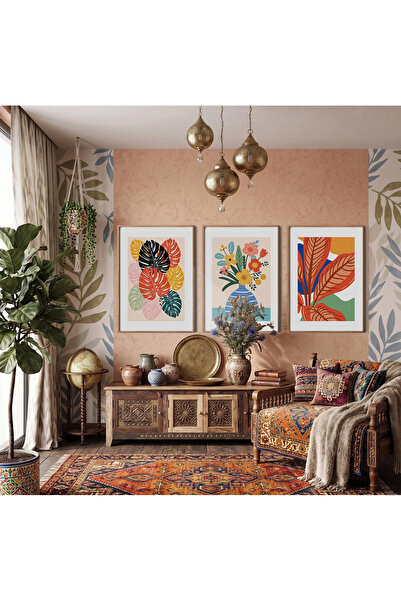 KOLAJTASARIM Set de tablouri moderne tropicale, triplu, din 3 piese, cu rame ...