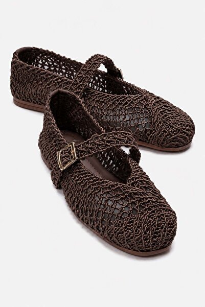 CCWAY AYAKKABI Women's Buckle Mesh Braided Ballerinas Brown