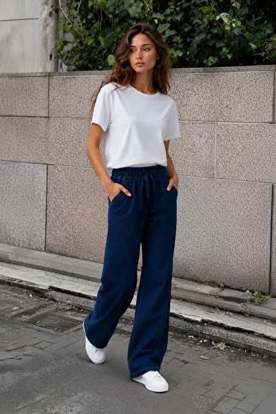 Denvy Denim Kadın Koyu Mavi Düz Enzim Yıkamalı Yüksek Bel Lastikli Wide Leg J...