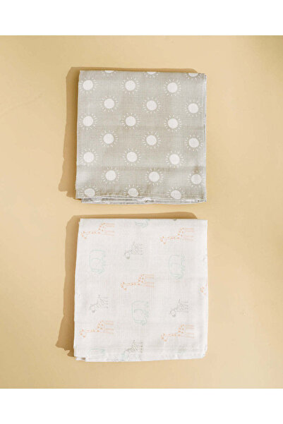 REDTAG Baby Grey And White Muslin Blanket 2 Piece Set