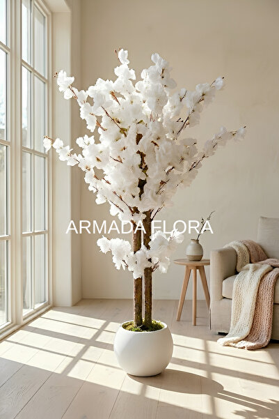 Armada Flora Premium Yapay Beyaz Bahar Dalı Ağacı 150 cm - 27*33 Küre Saksılı
