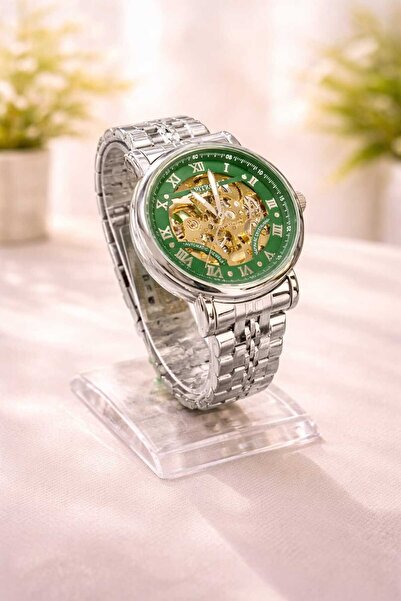FITRON Luxury Men’s Skeleton Watch Silver Steel Automatic Green Dial