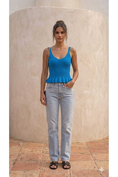FİFTY ONE Women's Ribbed Firfir Detail Knitwear Tank Top Blouse
