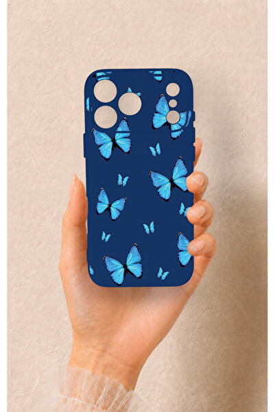 Vip Case iPhone 17 Pro Max Uyumlu Mavi Kelebek Desenli Silikon Kılıf
