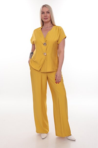 etselements V-Neck Button Detailed Short-Sleeved Linen Suit