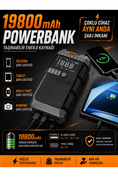 Merwish Akü Takviye Cihazı 19800mAh 1200A Tepe Akım 150 PSI Hava Kompresörü Powerbank LED El Feneri 4'ü 1 Arada LS-99