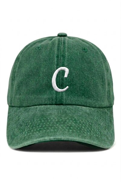 ŞapkaMania Letter C Dark Green Embroidered Washable Vintage Unisex Hat