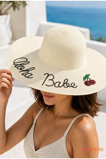 SHOPIENS Pălărie de damă de culoare ivoriu cu mesajul Aloha Babe, aplicație c...