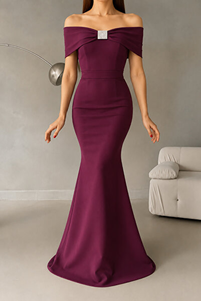 Deafox Plum Madonna Collar Stone Detail Maxi Length Scuba Fabric Fishnet Even...