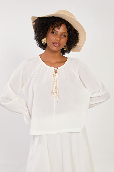 BARRELS AND OIL Women's collared lace-up long sleeve blouse - white