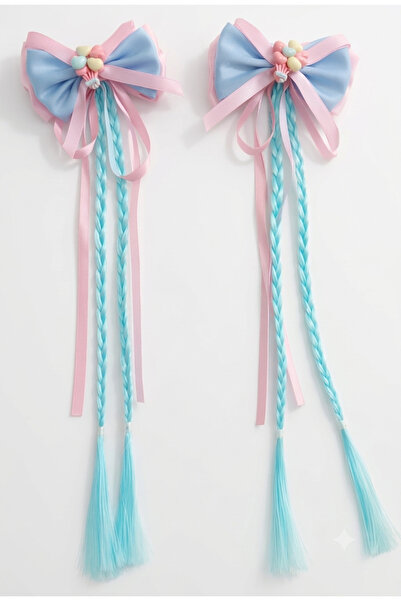 Kız Çocuk Uzun Örgülü Fiyonk Toka 2'li Set – Pastel Mavi Pembe Prenses Saç Tokası Kawaii Saç Aksesuarı