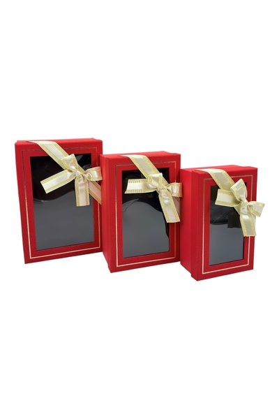 AFO Set 3 Cutii Dreptunghiulare cu Capac Transparent si Fundita Auriu Rosu