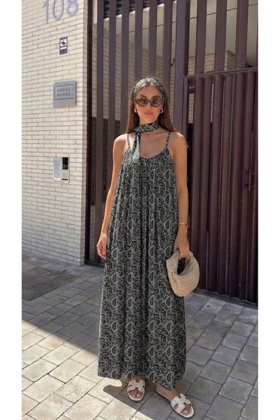 Perryes Women's Strappy Polka Dot Scarf Maxi Dress Paisley Pattern