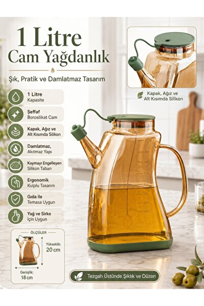 Padilon 1 Liter Glass Oil Pot, Vinegar Pot, Silicone Lid, Sippy-Free Bottle