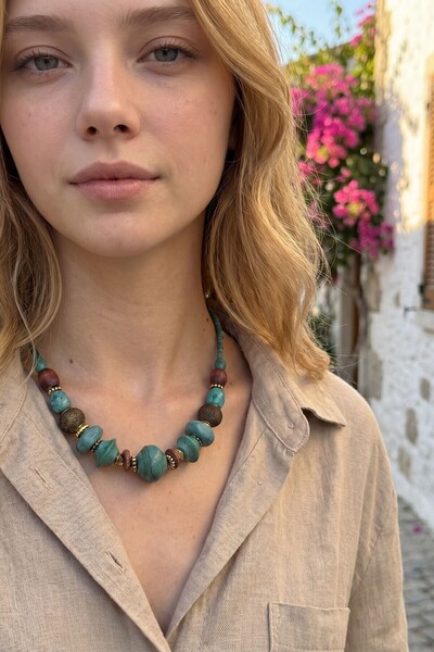 bacc Blue Colored Natural Stone Patterned Handmade Ethnic Bohemian Necklace