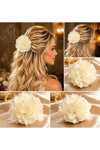 QUEEN AKSESUAR Luxury Large Volume Cream White Peony Rose Flower Pearl Hairpin