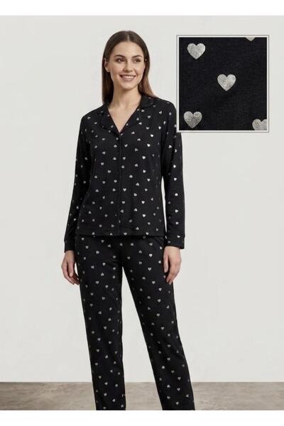 fameshomewear Yazlık Kısa Kol Siyah Küçük Beyaz Kalpli Düğmeli Pijama Takım