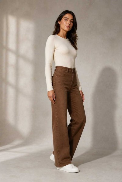 we-rayss Lyra - Denim, Likralı Yüksel Bel, Bol Paça, Salaş Kadın Kot Pantolon
