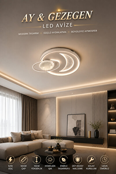 Elvora Home Modern (PREMİUM) Ay & Gezegen LED Plafonyer Salon Oturma Odası Ço...