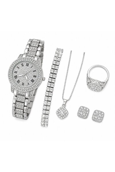 Nevara 5Pcs Set Luxury Silver Plated Watch Women Fashion Bracelet Necklace Ri...